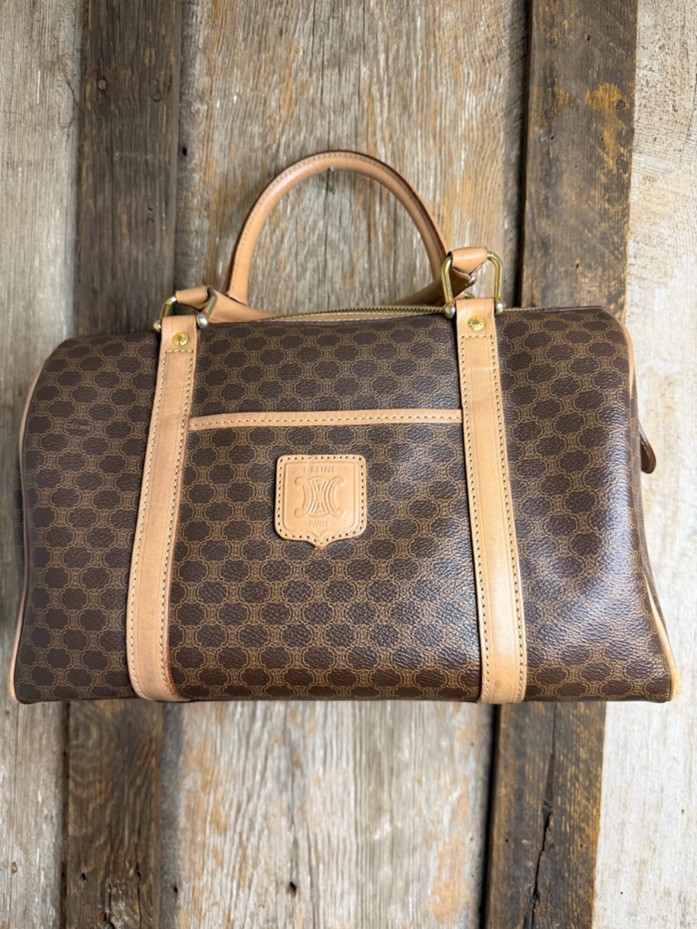 Vintage CELINE Brown Canvas Macadam Leather Boston Tote Bag Made in Italy